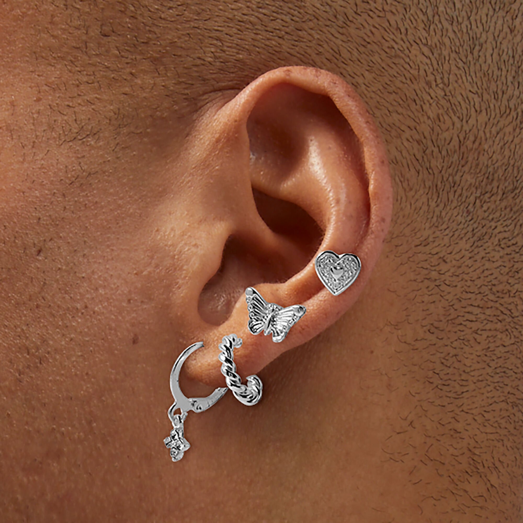 Silver-tone Butterfly Heart Earring Stackables Set - 6 Pack,