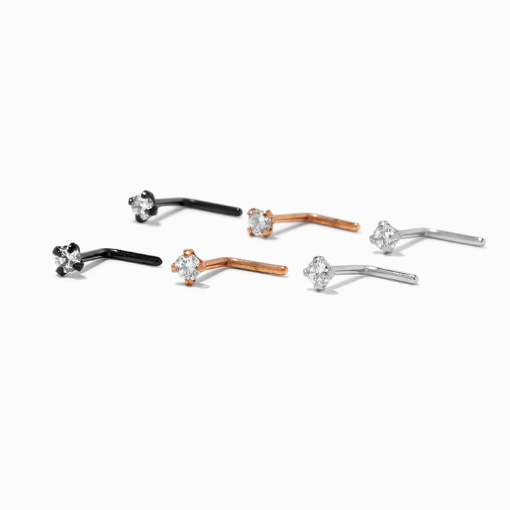 20G Mixed Metal Stainless Steel Cubic Zirconia Ball Nose Studs - 6 Pack,