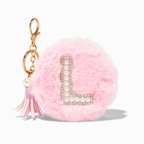 Pink Furry Pearl Initial Coin Purse Keychain - L,