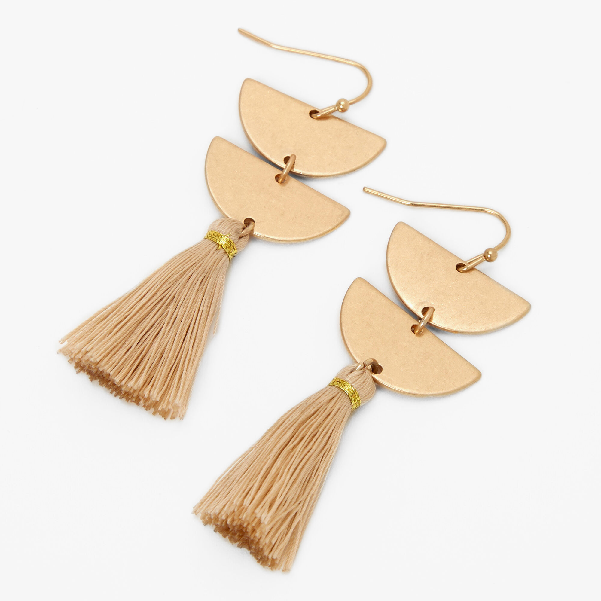 Gold Geometric Tan 2 Tassel Drop Earrings