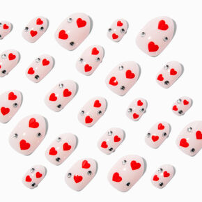 Red Heart &amp; Rhinestone Gem Valentine&#39;s Day Stiletto Press On Faux Nail Set - 24 Pack,