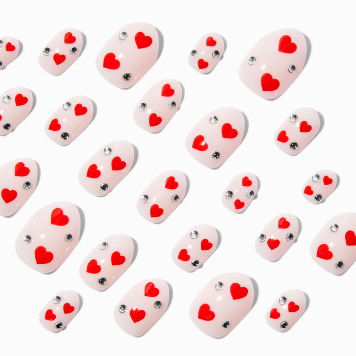 Red Heart &amp; Rhinestone Gem Valentine&#39;s Day Stiletto Press On Faux Nail Set - 24 Pack,