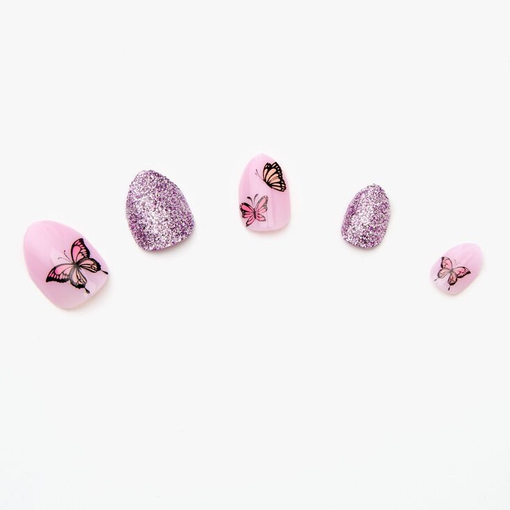 Faux ongles autocollants stiletto papillons paillet&eacute;s - Violet, lot de 24,