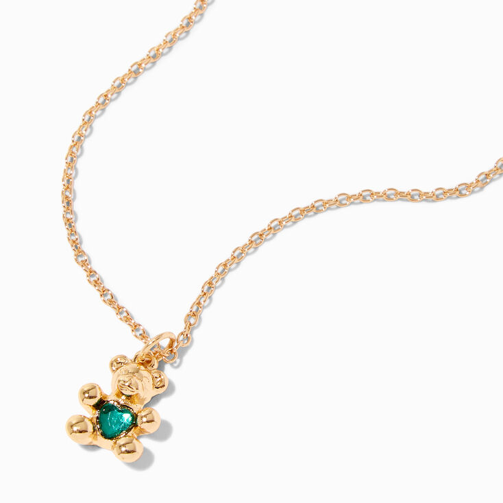 Gold May Birthstone Teddy Bear Pendant Necklace,