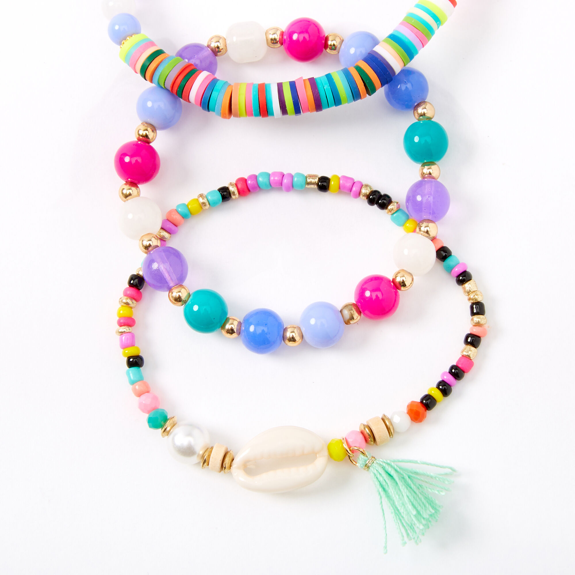 Rainbow Beaded Cowrie Shell Stretch Bracelets - 3 Pack,