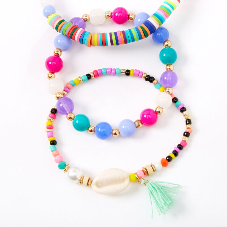 Rainbow Beaded Cowrie Shell Stretch Bracelets - 3 Pack,