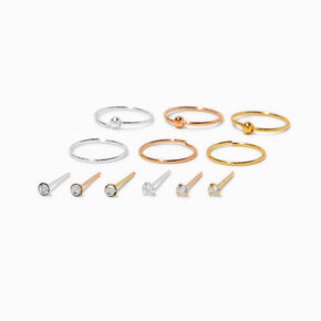 22G Mixed Metal Sterling Silver Nose Studs &amp; Hoop - 12 Pack,