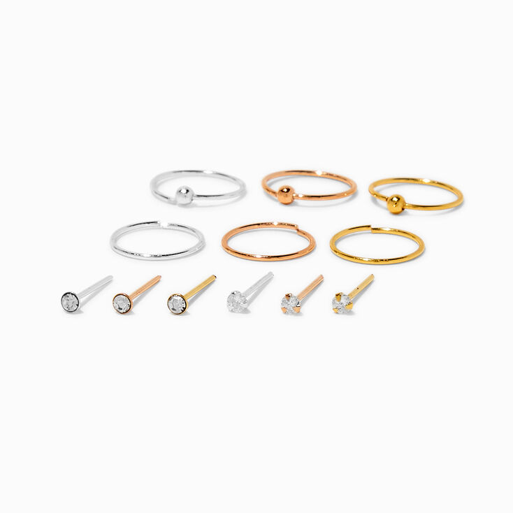 22G Mixed Metal Sterling Silver Nose Studs &amp; Hoop - 12 Pack,