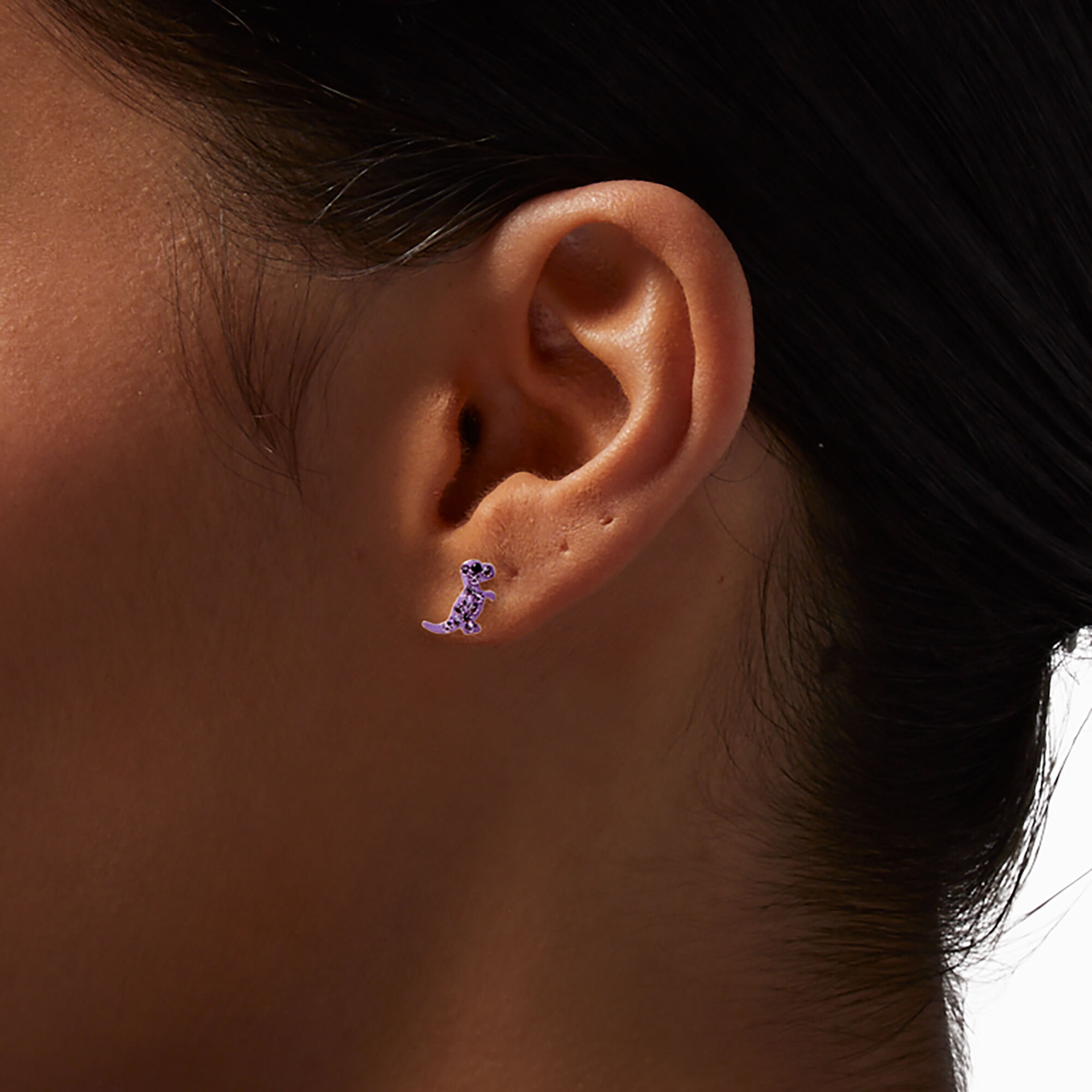 Clous d’oreilles dinosaure violet en argent à paillettes,