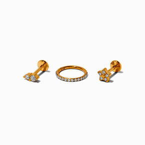 Gold-tone Titanium Cubic Zirconia Flower 18G Flat Back &amp; Clicker Helix Earrings - 3 Pack,