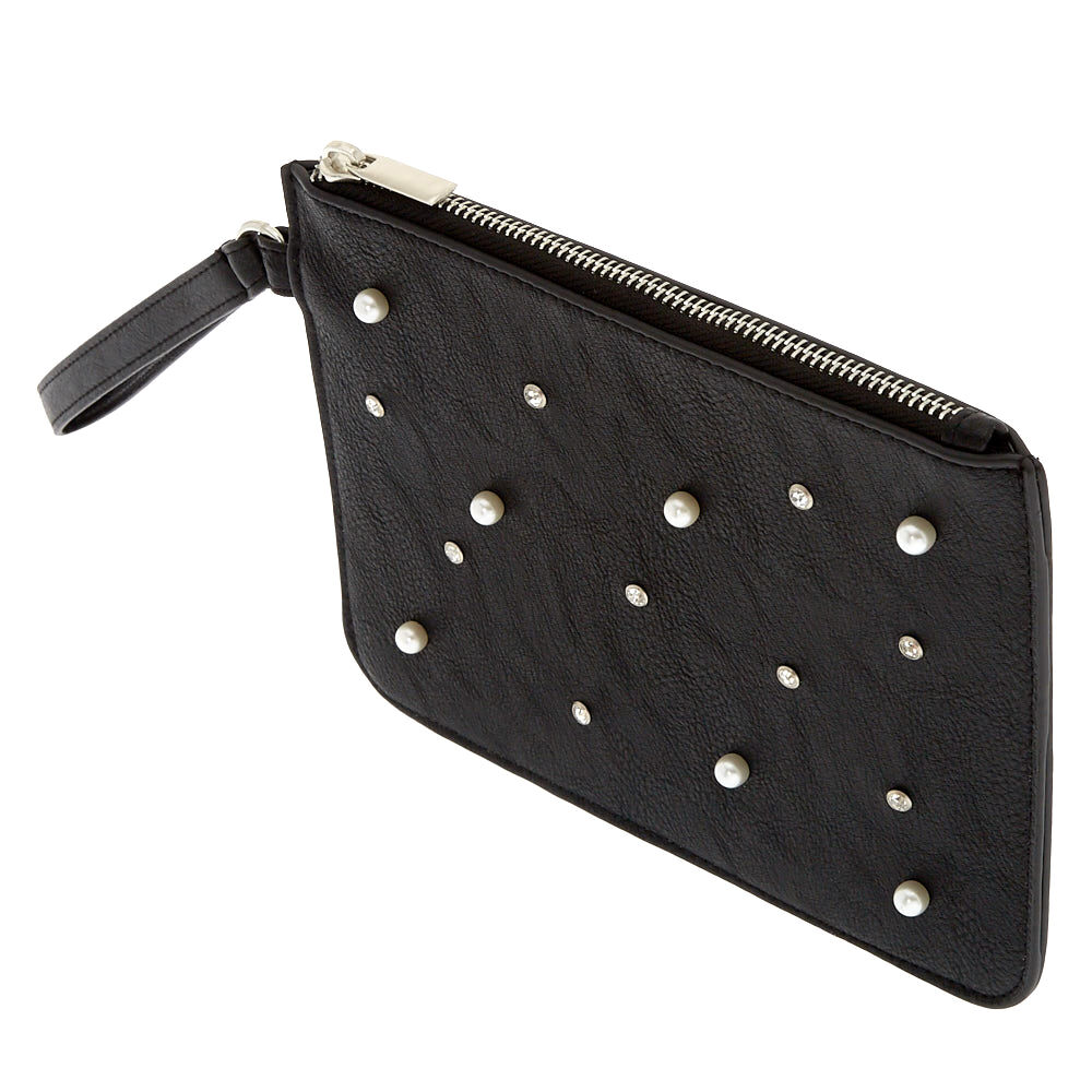 Black Pearl & Crystal Faux Leather Wristlet,