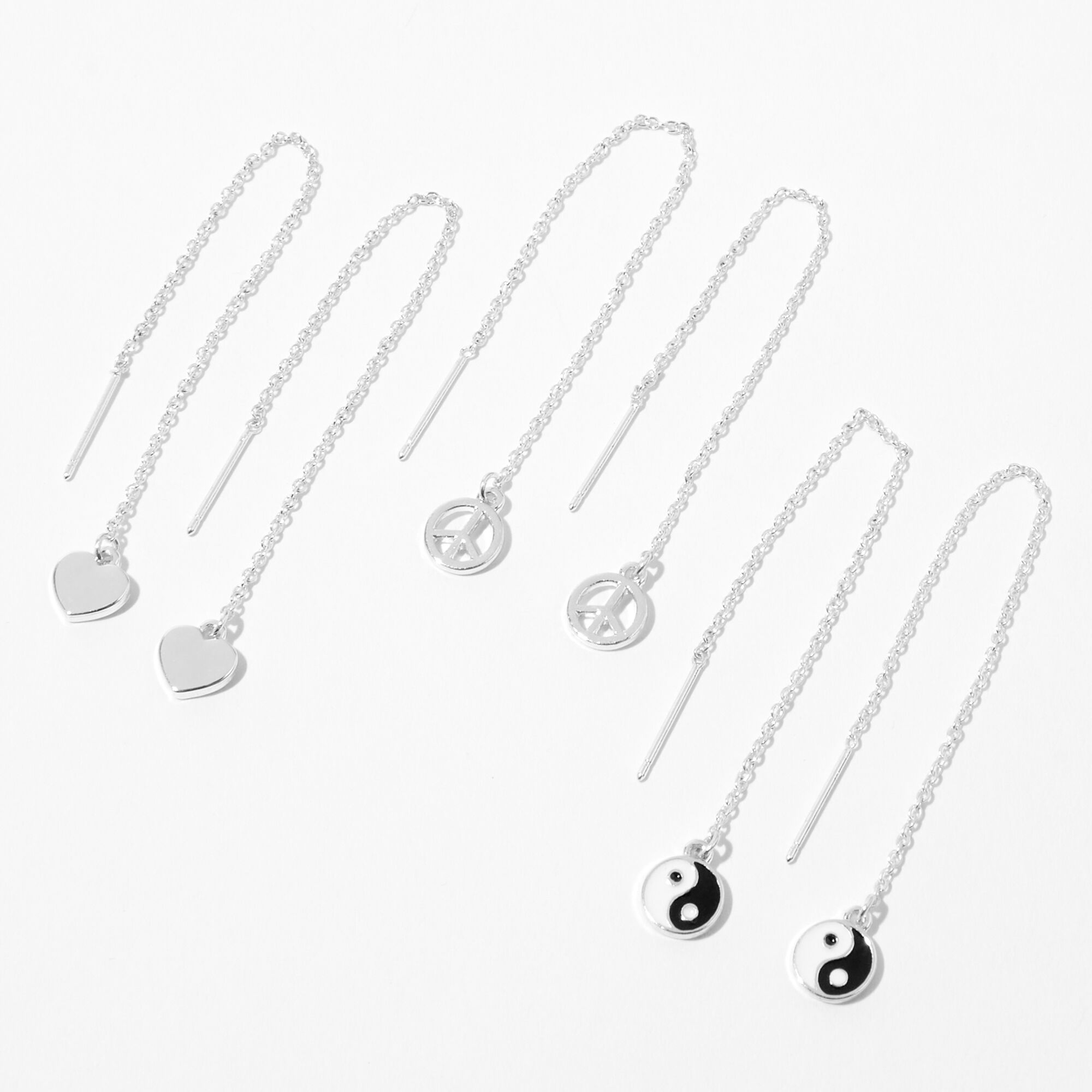 View Claires Tone 3 Heart Icon Threader Drop Earrings 3 Pack Silver information