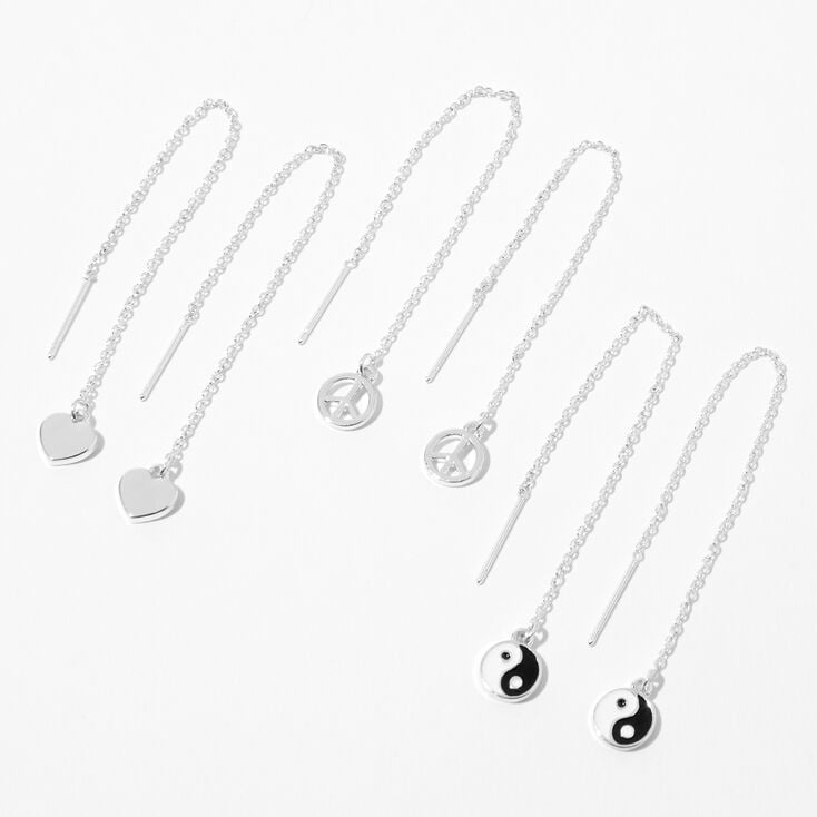 Silver-tone 3&#39;&#39; Heart Icon Threader Drop Earrings - 3 Pack,