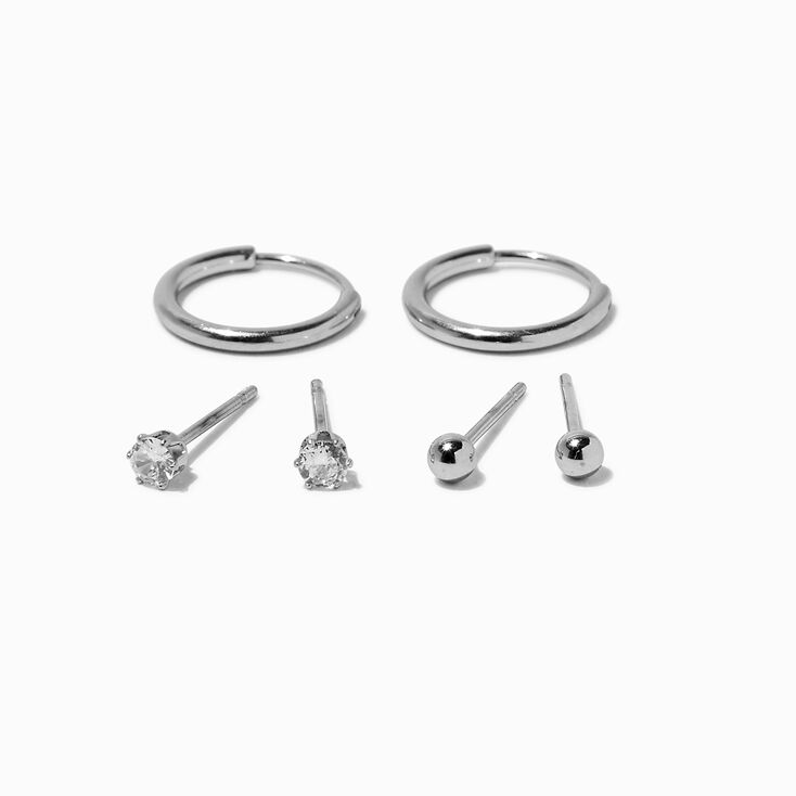 Silver-tone Stainless Steel Cubic Zirconia Earrings Set - 3 Pack ,