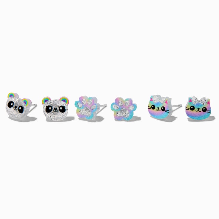Glitter Panda &amp; Cat Paw Acrylic Stud Earrings - 3 Pack,