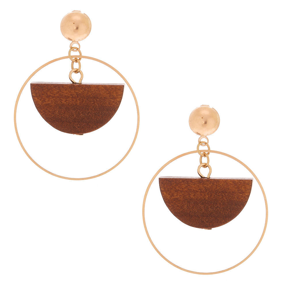 Gold 1.5" Wood Half Moon Drop Earrings,