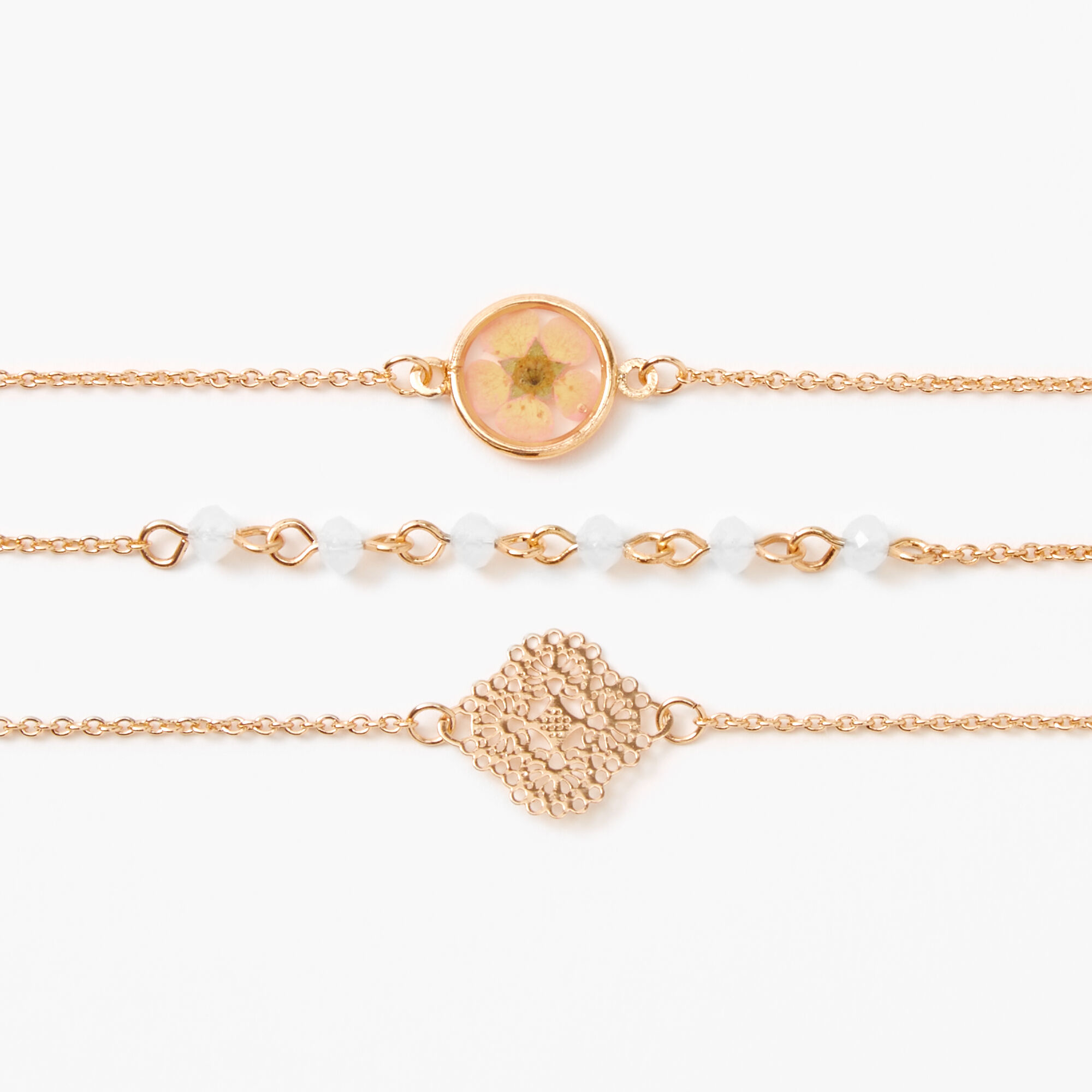 Gold Pressed Floral Filigree Chain Bracelets - 3 Pack,