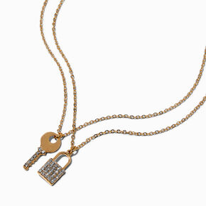 Pav&eacute; Lock &amp; Key Gold-tone Pendant Necklaces - 2 Pack,