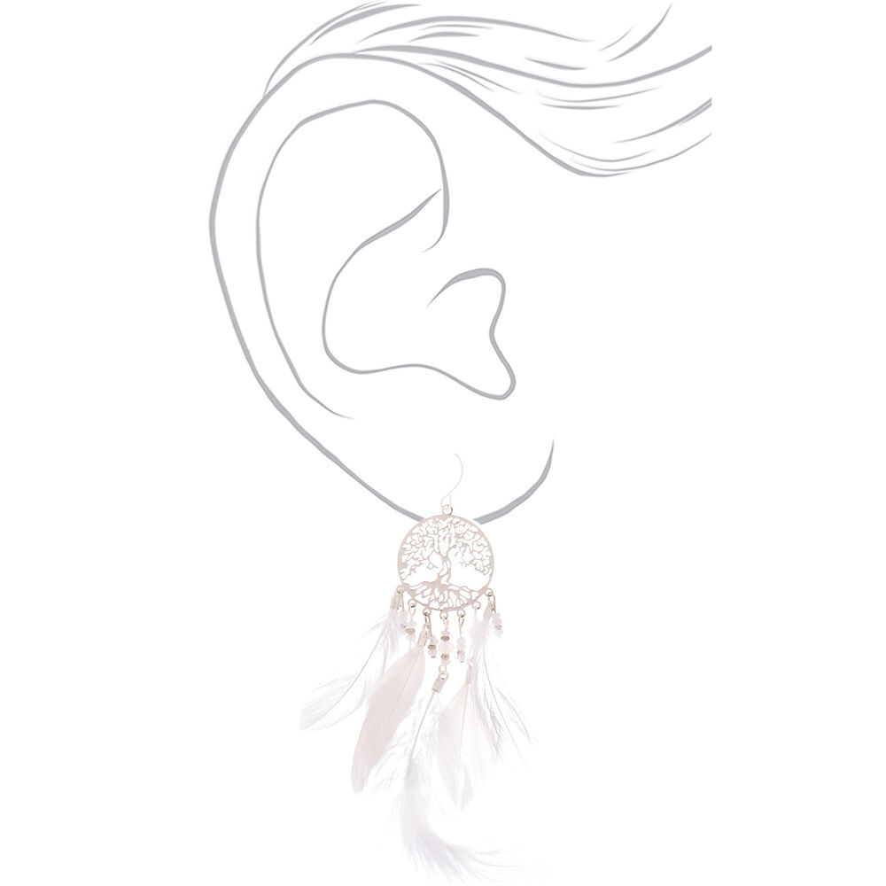 Silver 4" Tree Dreamcatcher Feather Drop Earrings,