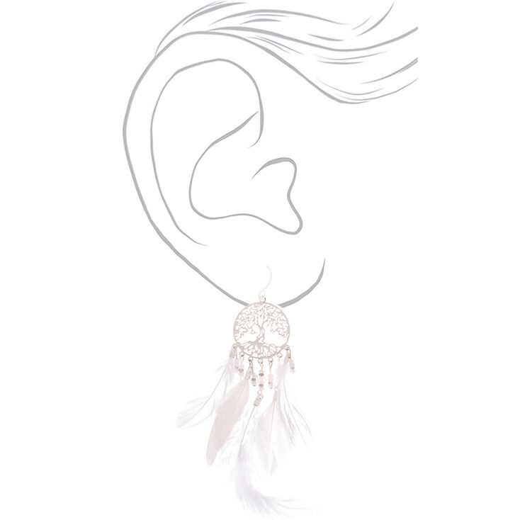 Silver 4&quot; Tree Dreamcatcher Feather Drop Earrings,