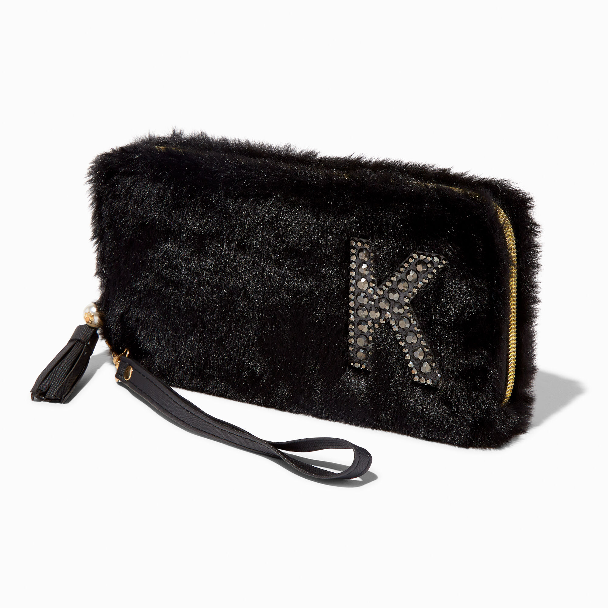 View Claires Furry Pearl Initial Wristlet Wallet K Black information