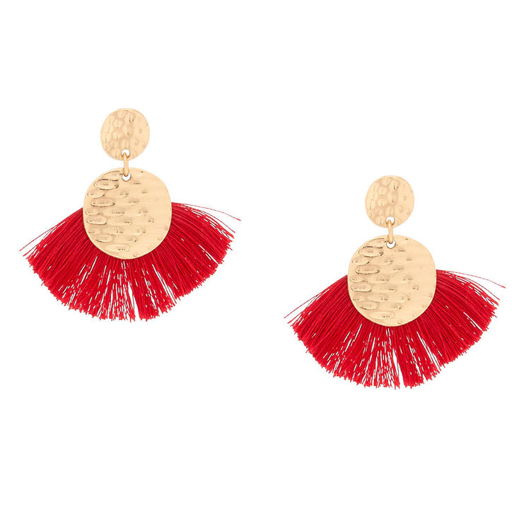 Gold 2&quot; Tassel Drop Earrings - Red,