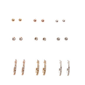 Mixed Metal Stud &amp; Half Hoop Earrings - 9 Pack,