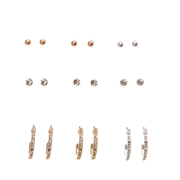 Mixed Metal Stud &amp; Half Hoop Earrings - 9 Pack,