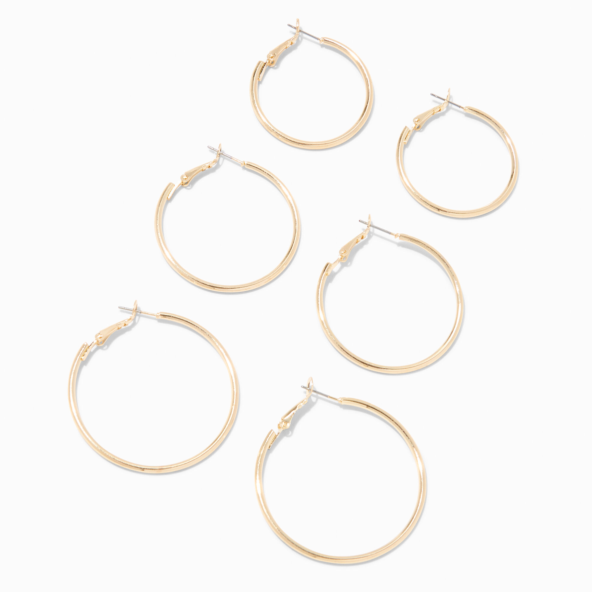 View Claires Tone Graduated Hinge Hoop Earrings 3 Pack Gold information