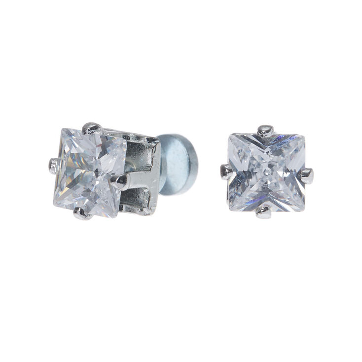 Silver Cubic Zirconia Square Magnetic Stud Earrings - 5MM,