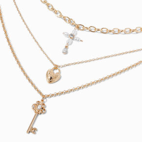 Gold-tone Lock &amp; Key Multi-Strand Necklace,