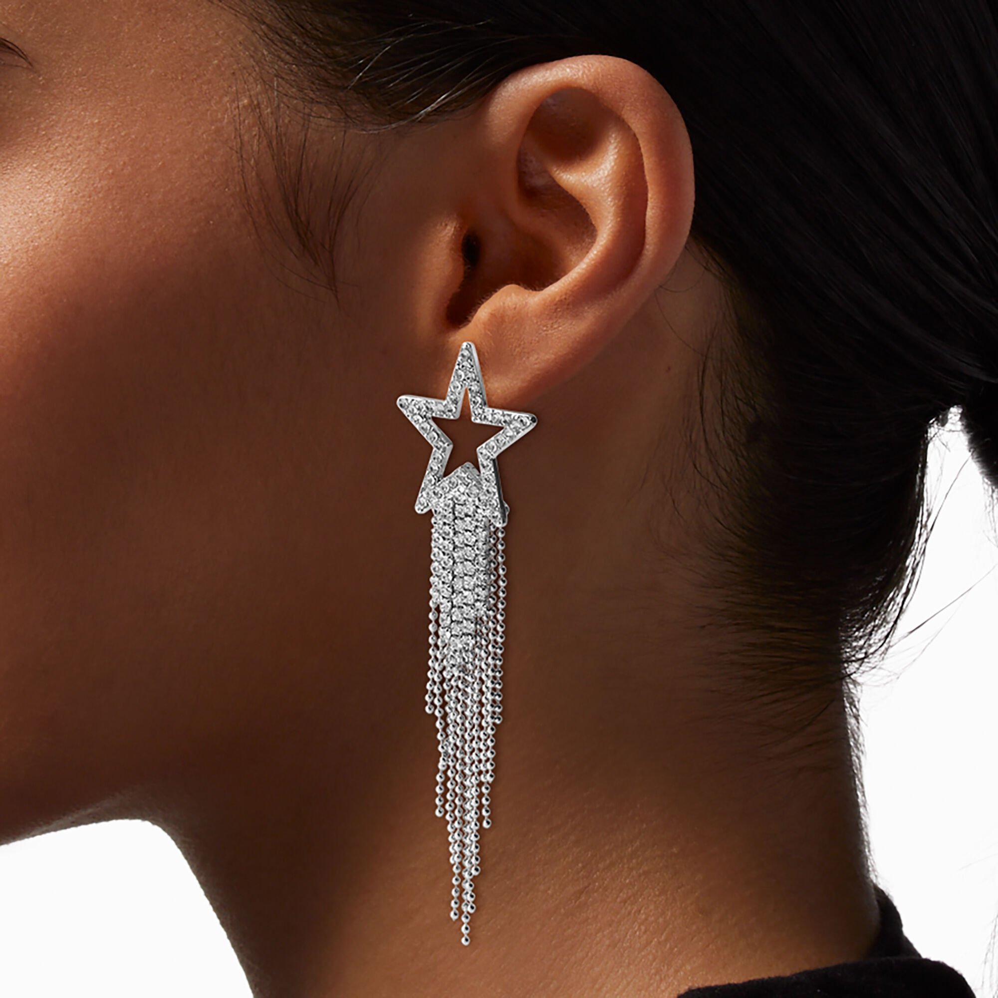 Cubic Zirconia Star Silver-tone Fringe Drop Earrings,