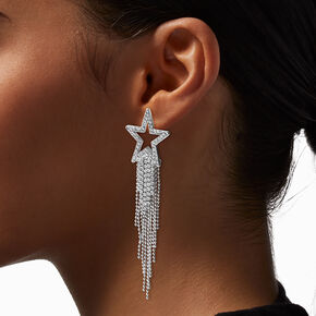 Cubic Zirconia Star Silver-tone Fringe Drop Earrings,