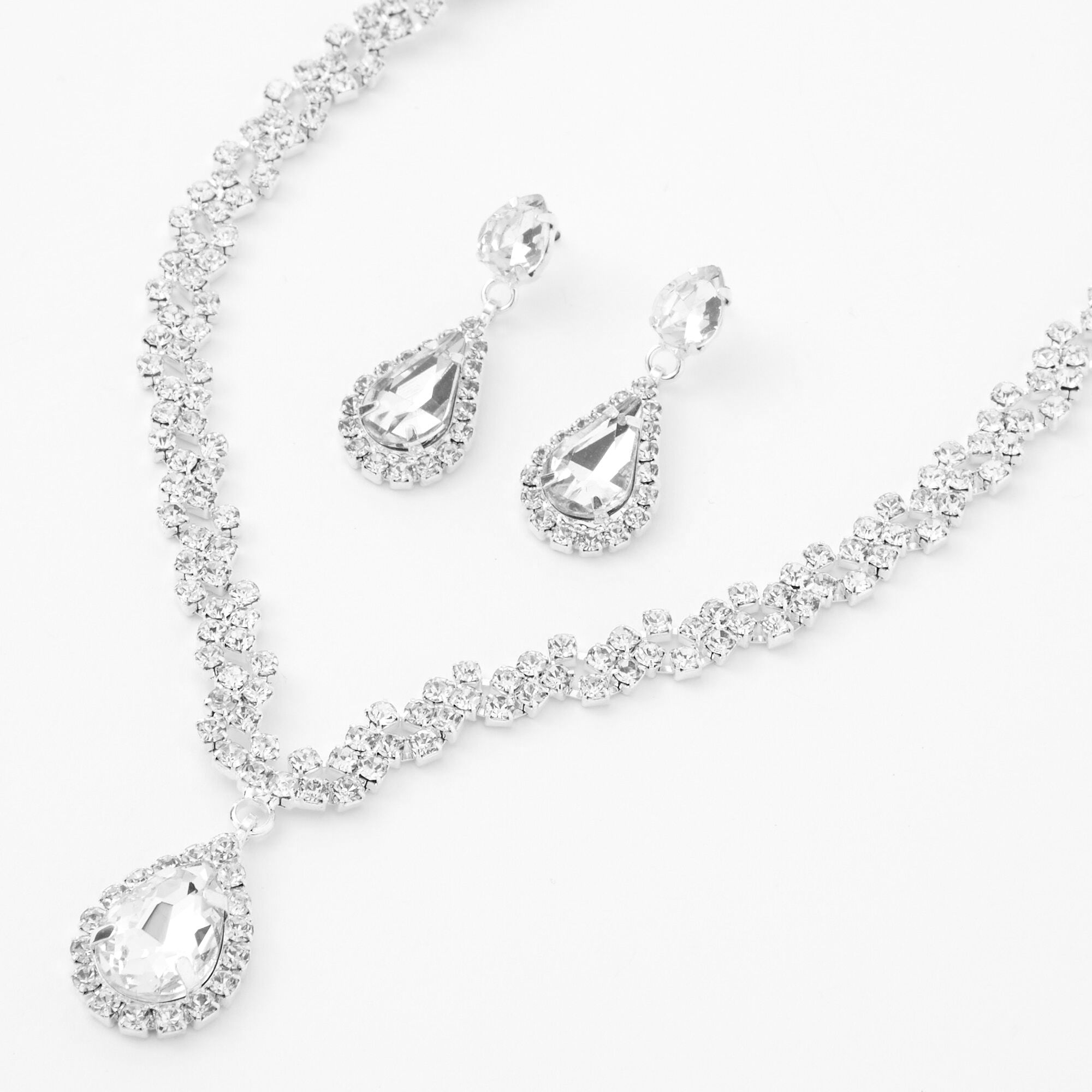 View Claires Tone Crystal Teardrop VNeck Jewelry Set 2 Pack Silver information