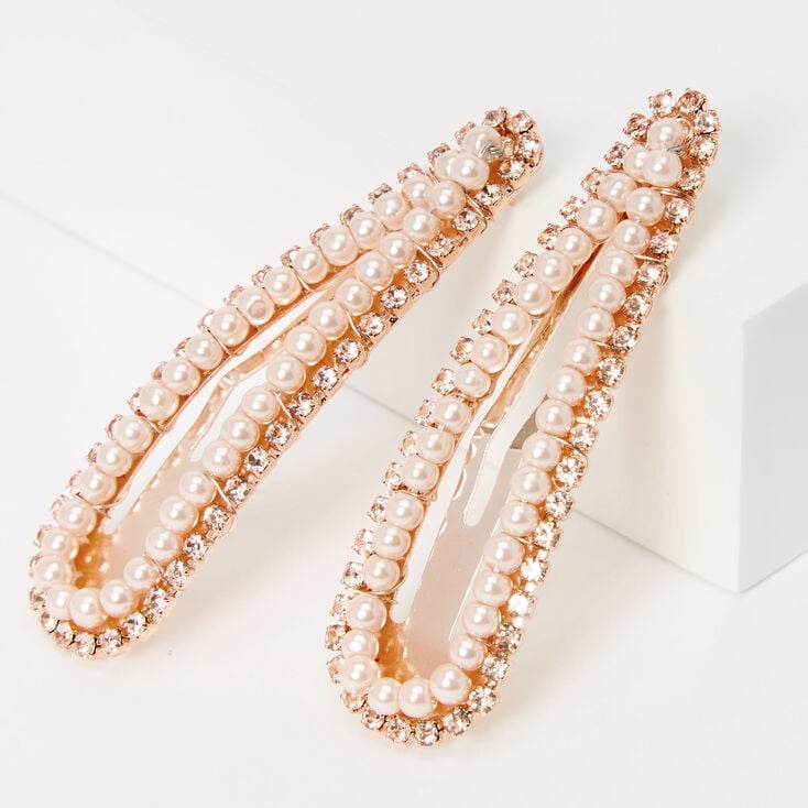 Rose Gold Rhinestone Pearl Snap Hair Clips - 2 Pack,