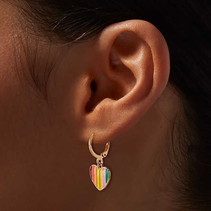 Rainbow Heart Charm Huggie Hoop Earrings,