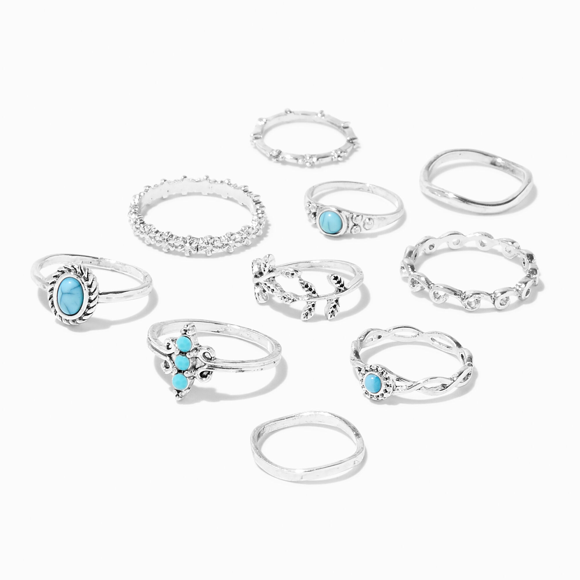 View Claires SilverTone Mixed Leaf Filigree Rings 10 Pack Turquoise information