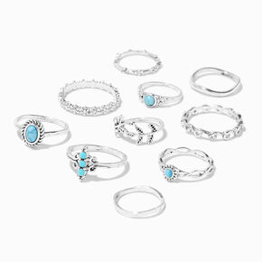 Silver &amp; Turquoise Mixed Leaf Filigree Rings - 10 Pack,