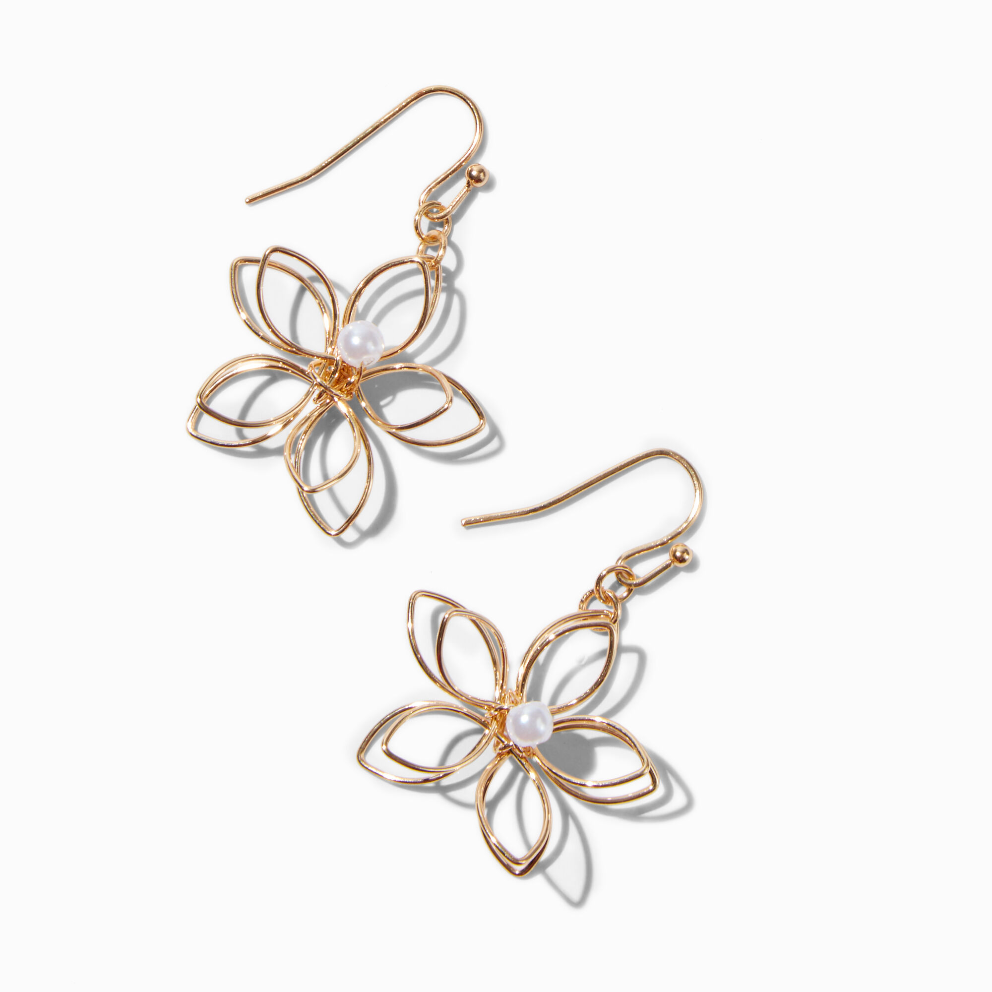 View Claires Tone Wire Flower Pearl 1 Drop Earrings Gold information