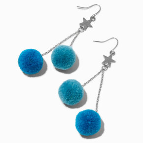 Blue Double Pom Pom 3&quot; Silver-tone Drop Earrings,