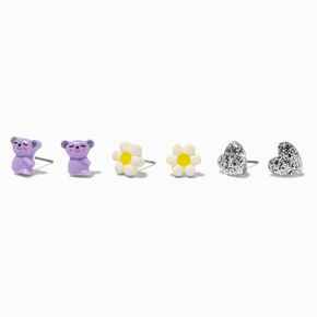 Sloth, Daisy, &amp; Heart Stud Earrings - 3 Pack,