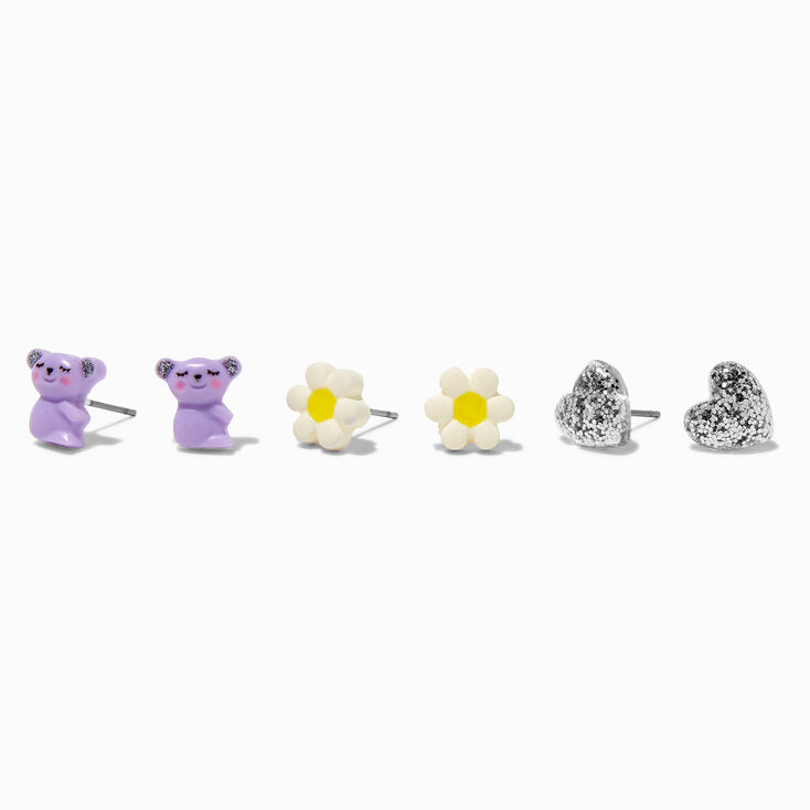Clous d&rsquo;oreilles paresseux, marguerite, c&oelig;ur - Lot de 3,