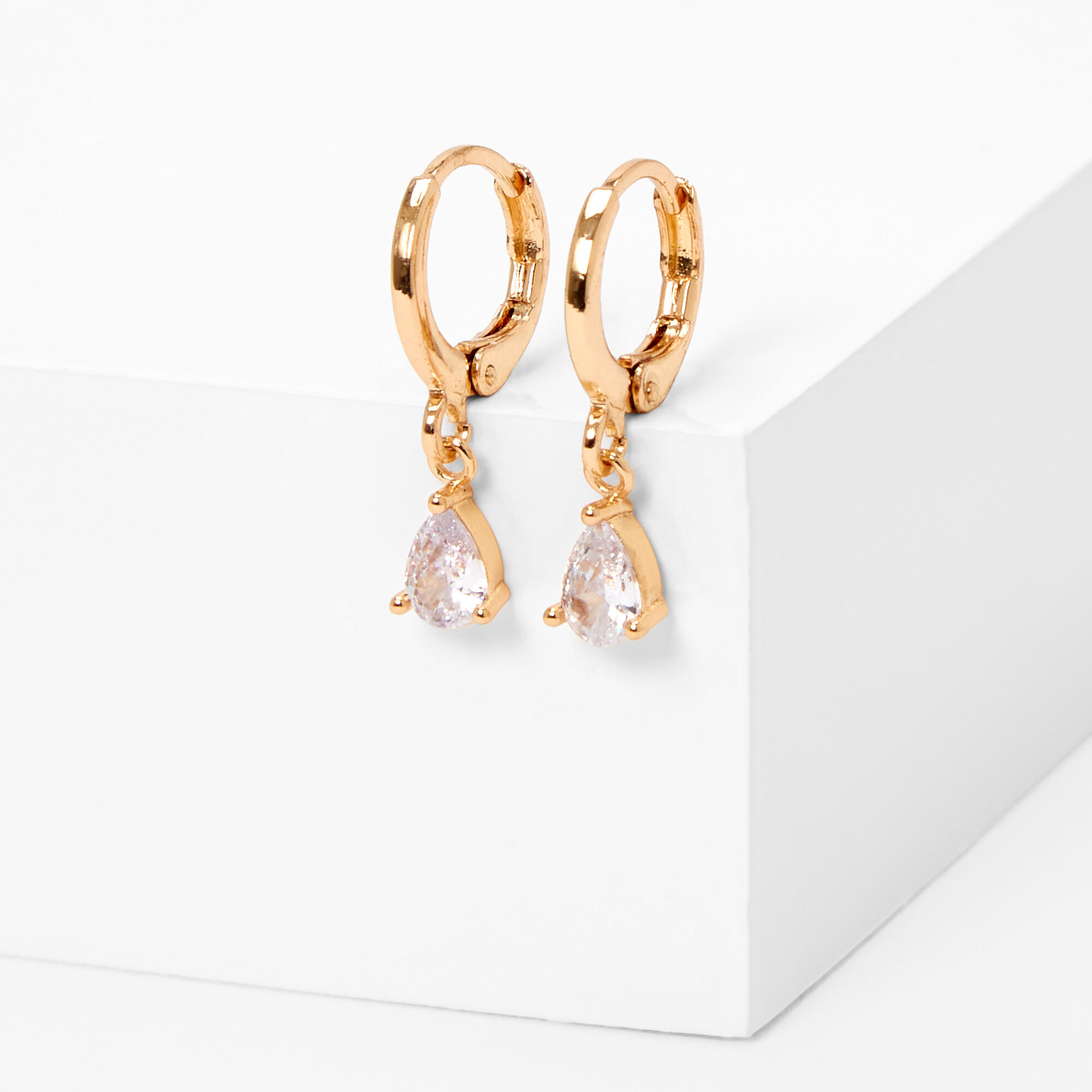Gold 10MM Cubic Zirconia Teardrop Huggie Hoop Earrings,