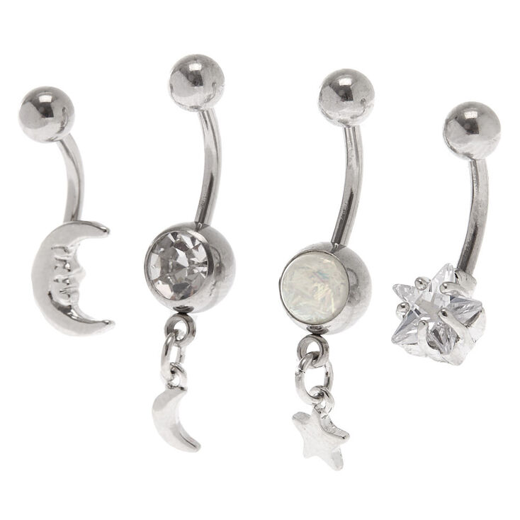 Piercings de nombril c&eacute;lestes 14&nbsp;g en zircon cubique d&rsquo;imitation couleur argent&eacute;e - Lot de 4,