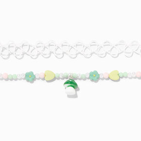 White Tattoo &amp; Green Mushroom Beaded Choker Necklaces - 2 Pack,