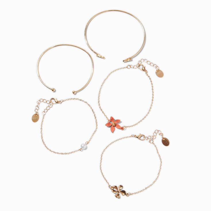 Bracelets de cha&icirc;ne et manchette orange et couleur dor&eacute;e - Lot de 5,