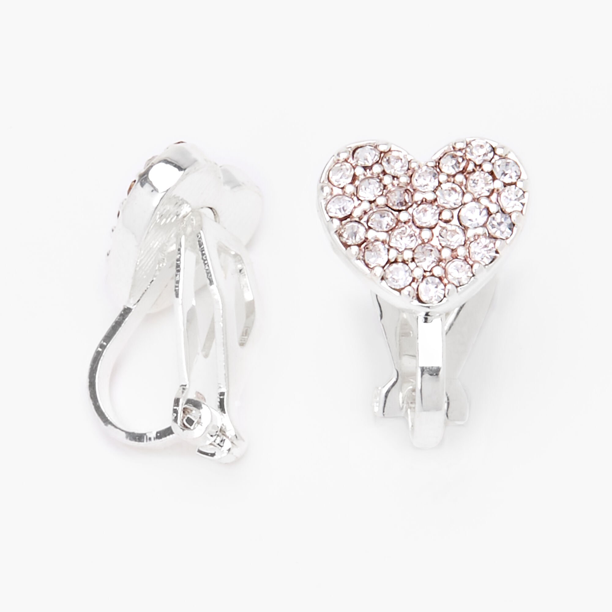Silver tone Crystal Heart Clip On Earrings