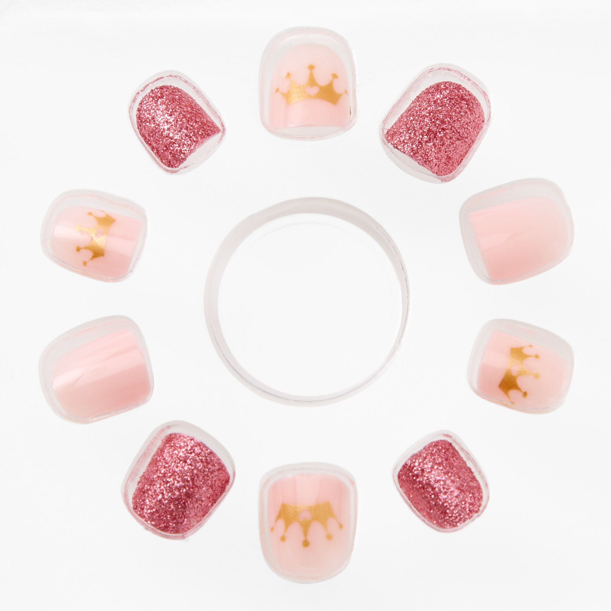 Claire's Faux ongles autocollants carrés couronne à paillettes - Rose, lot de 24