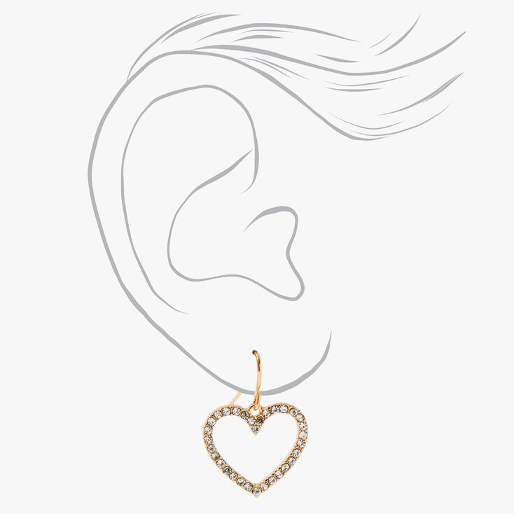 Gold 1.5&quot; Embellished Crystal Heart Drop Earrings,