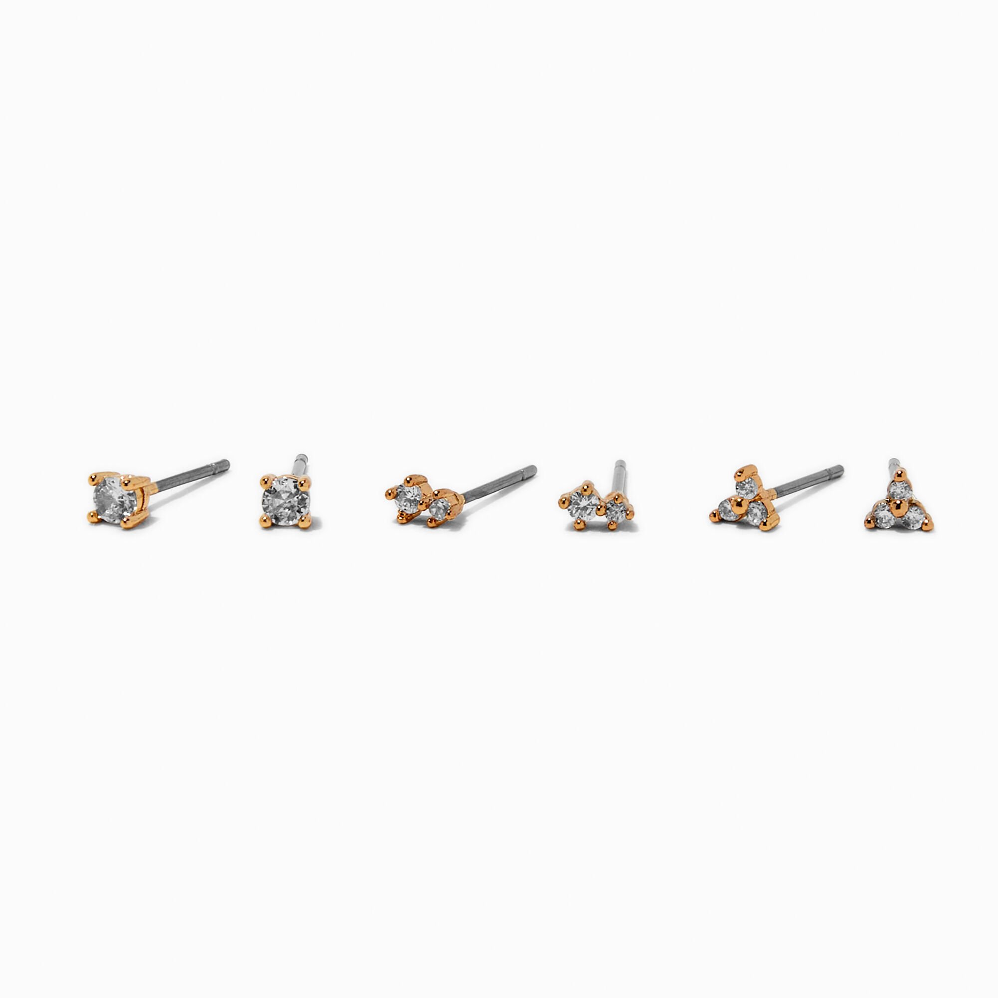 Gold-tone Cubic Zirconia 3mm Mixed Stud Earrings - 3 Pack,
